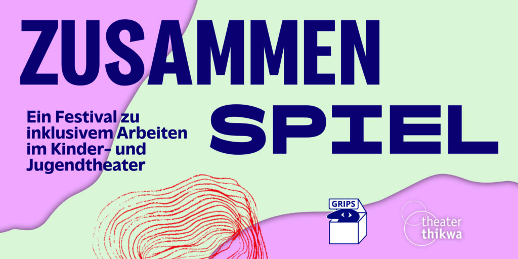 Text: Zusammenspiel - Ein Festival zu inklusivem Arbeiten im Kinder- und Jugendtheater - im Hintergrund farbige Flächen