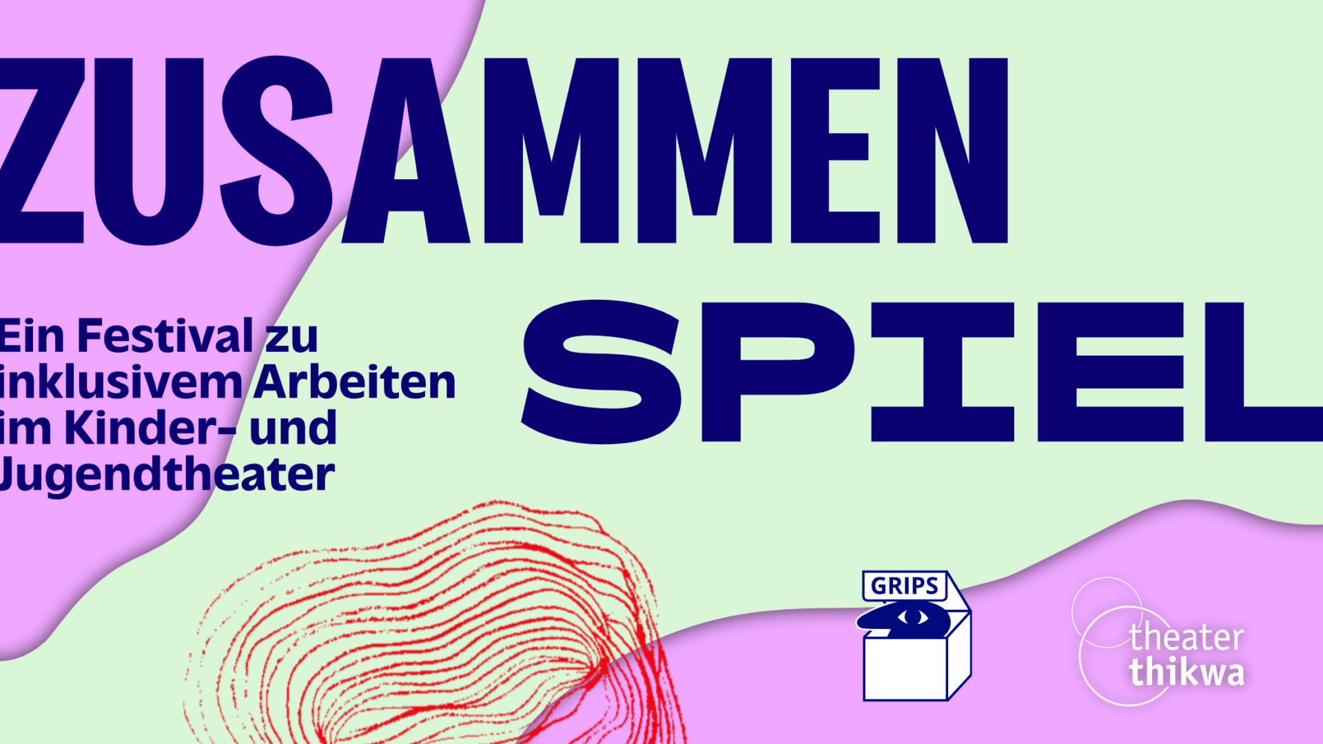 Text: Zusammenspiel - Ein Festival zu inklusivem Arbeiten im Kinder- und Jugendtheater - im Hintergrund farbige Flächen